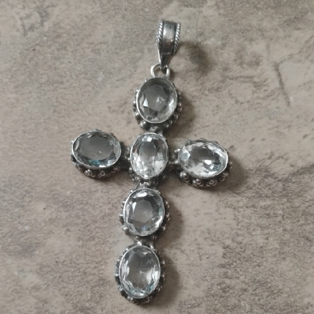 Unique Vintage Silver Crystal Cross Necklace